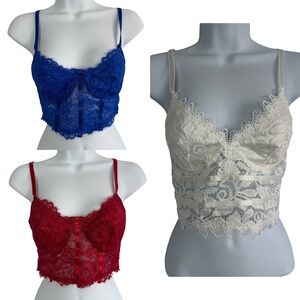 Lot‎ of 3 Lace Corset Bralette Blue Red White Floral Sheer Bustier Small Boho